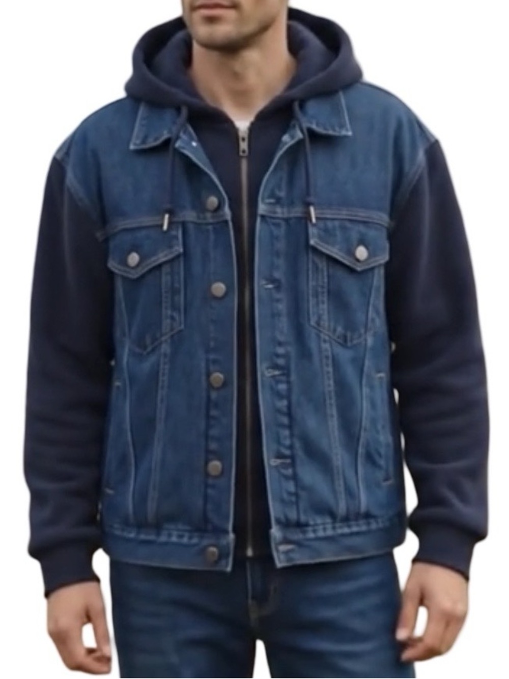 🆕 GAP Men’s Jean Jacket Full Zip Faux Sweatshirt Inlay Denim Navy Size XXL